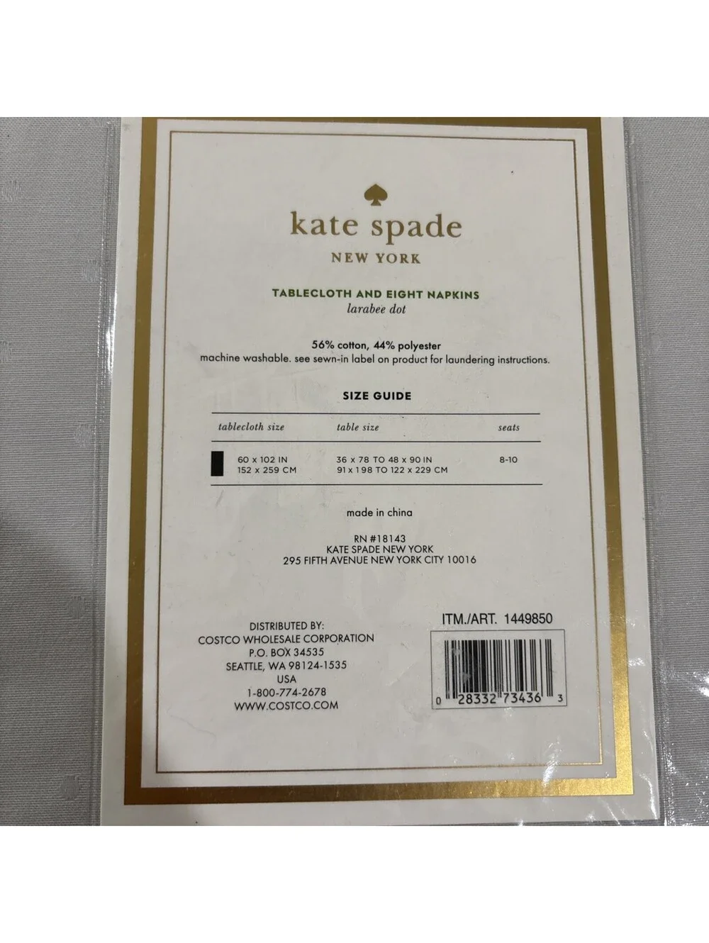 NEW Kate Spade 9 Piece Set Table Cloth & 8 Napkins 60x 102, 20x20